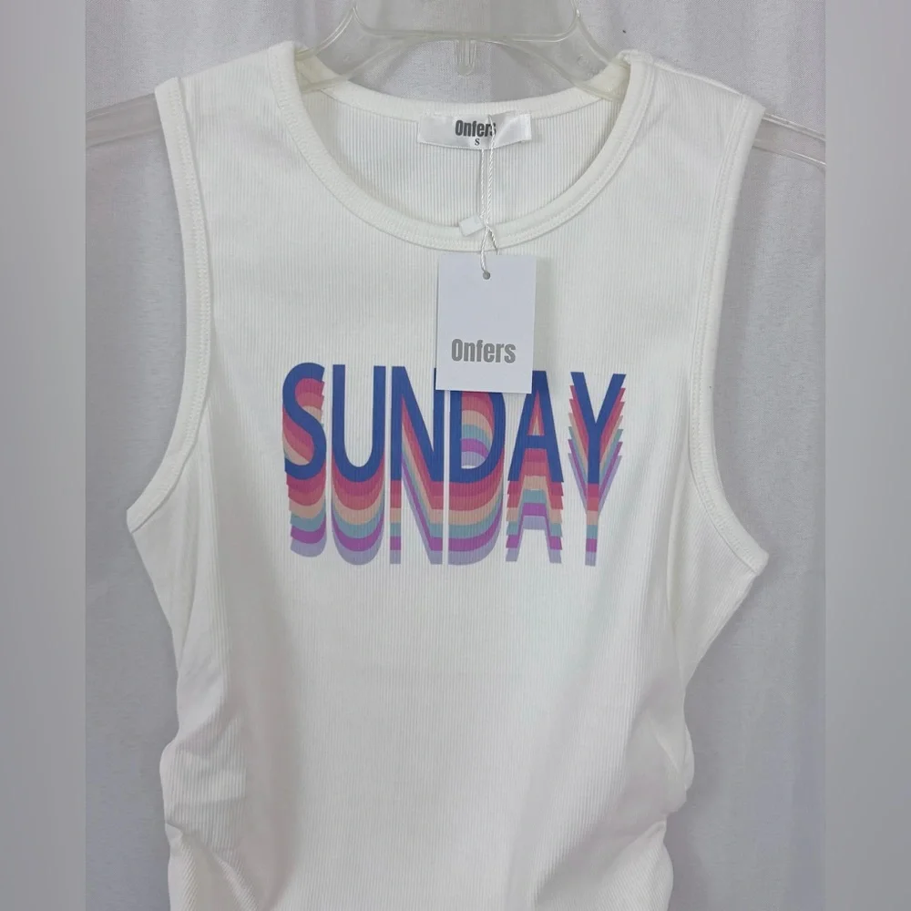 Fun & Casual White Ribbed Sleeveless High Neck Side Ruched Tank Top (S) NWT